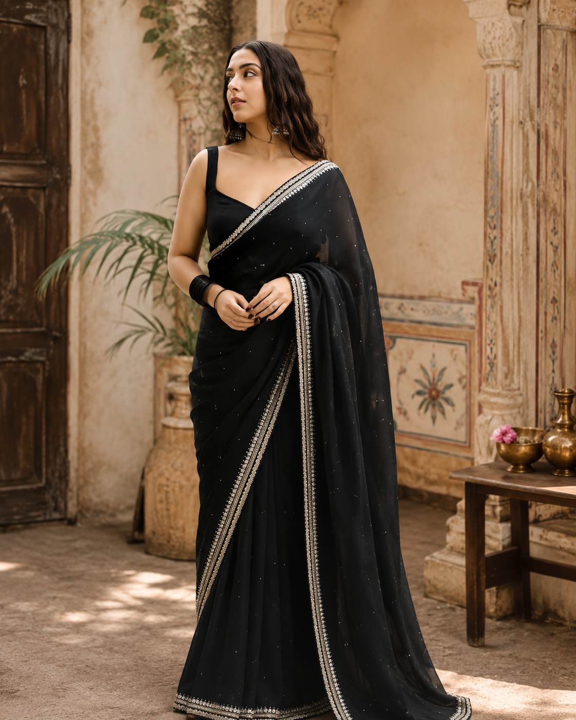 Organza Ready To Wear Saree With Unstitched Blouse(Black)