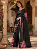Satin Silk Printed Saree With Unstitched Blouse(Black)