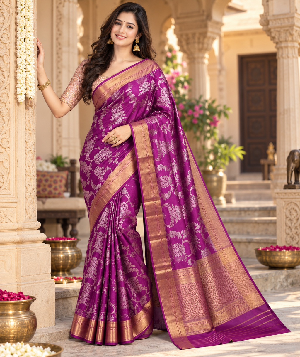 Premium Banarrasi Silk Saree With Unstitched Blouse(Violet)