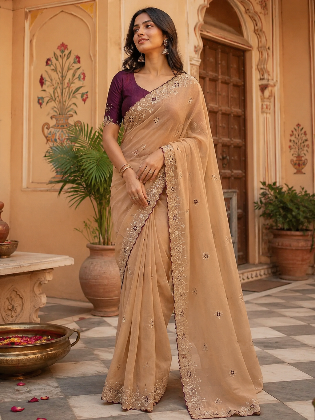 Premium Georgette Saree With Unstitched Blouse(Beige)