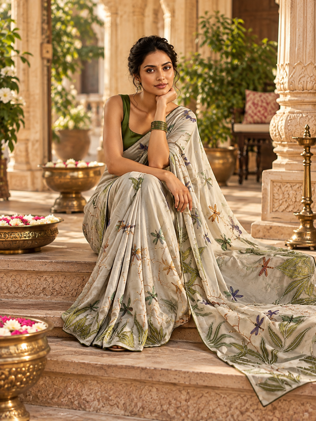 Pure Tissue Silk Floral Printed Saree With Unstitched Blouse(Green)