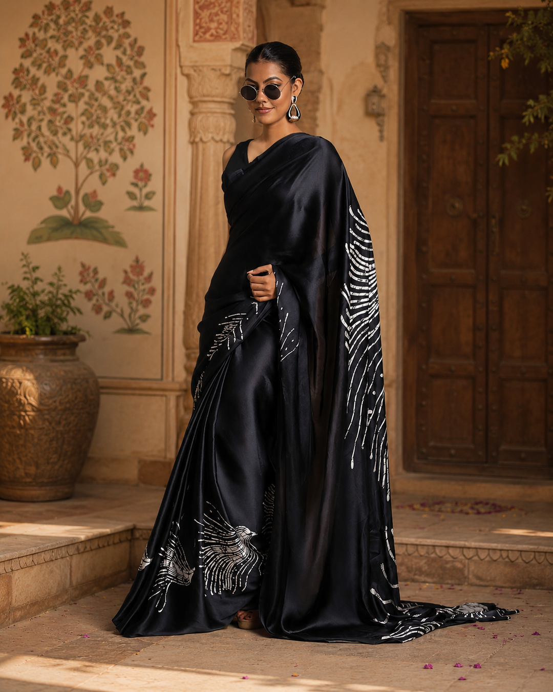 Japan Satin Printed Saree With Unstitched Blouse(Black)