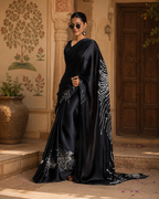 Japan Satin Printed Saree With Unstitched Blouse(Black)