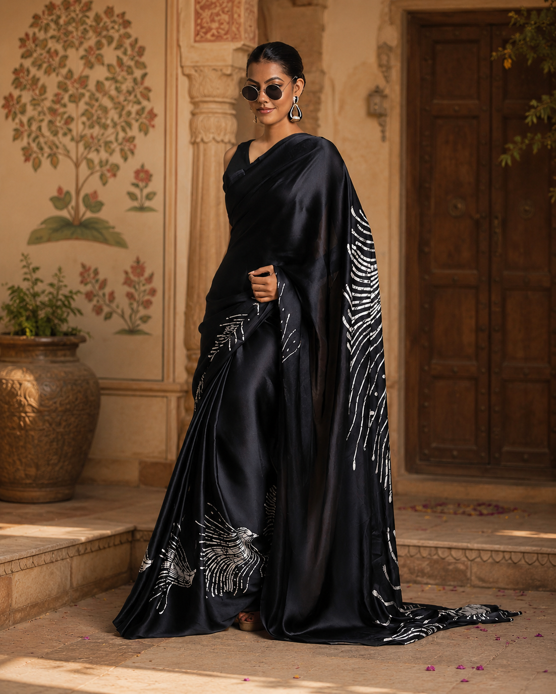Japan Satin Printed Saree With Unstitched Blouse(Black)