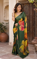 Satin Silk Floral Print Saree With Unstitched Blouse(Green)