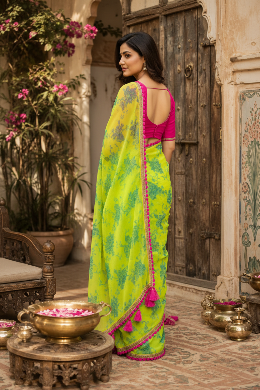 Georgette Embroidery Work Saree With Unstitched Blouse(Green)