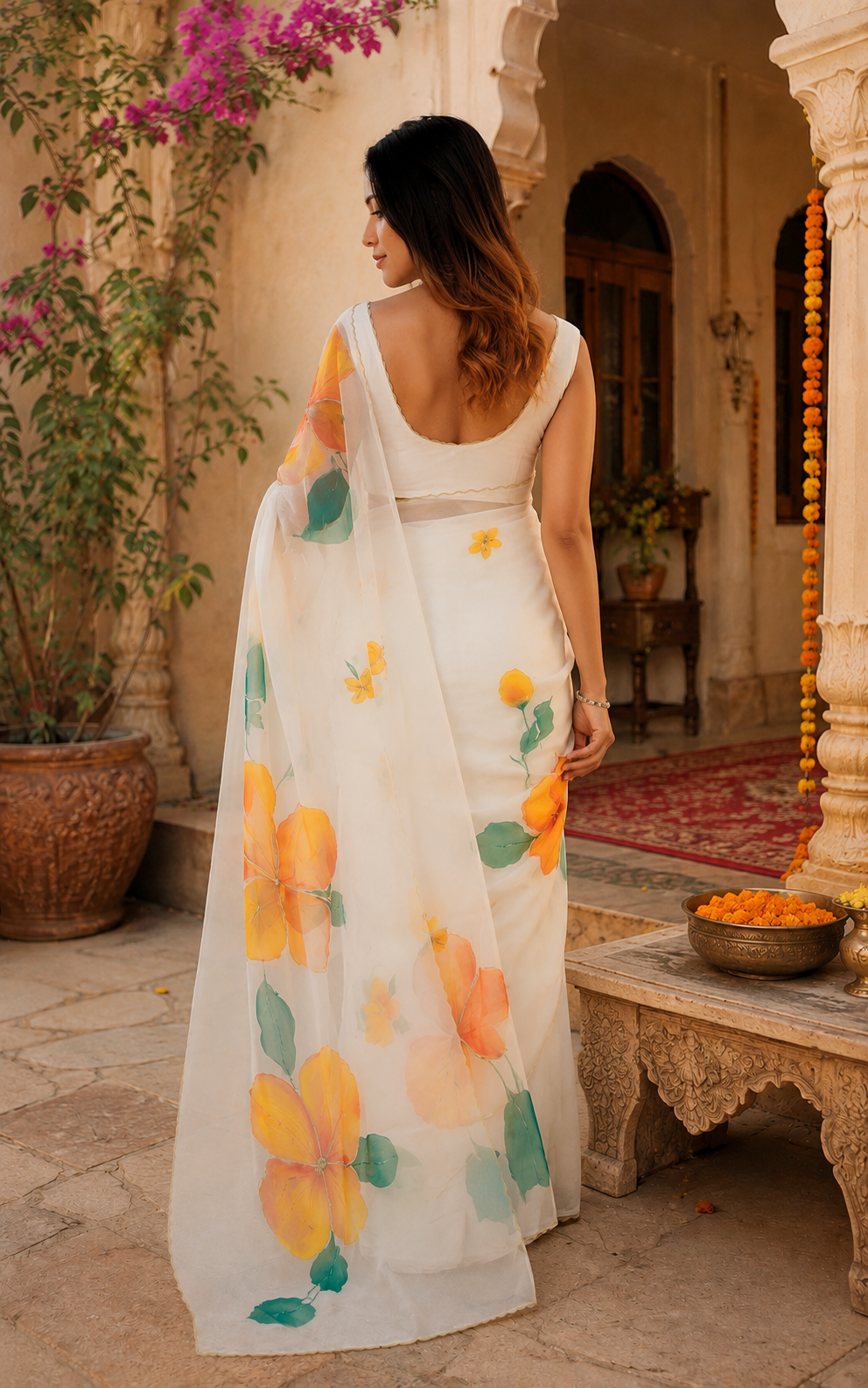 Organza Silk Ready To Wear Saree With Unstitched Blouse(White)