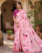 Tussar Silk Floral Printed Saree With Unstitched Blouse(Pink)
