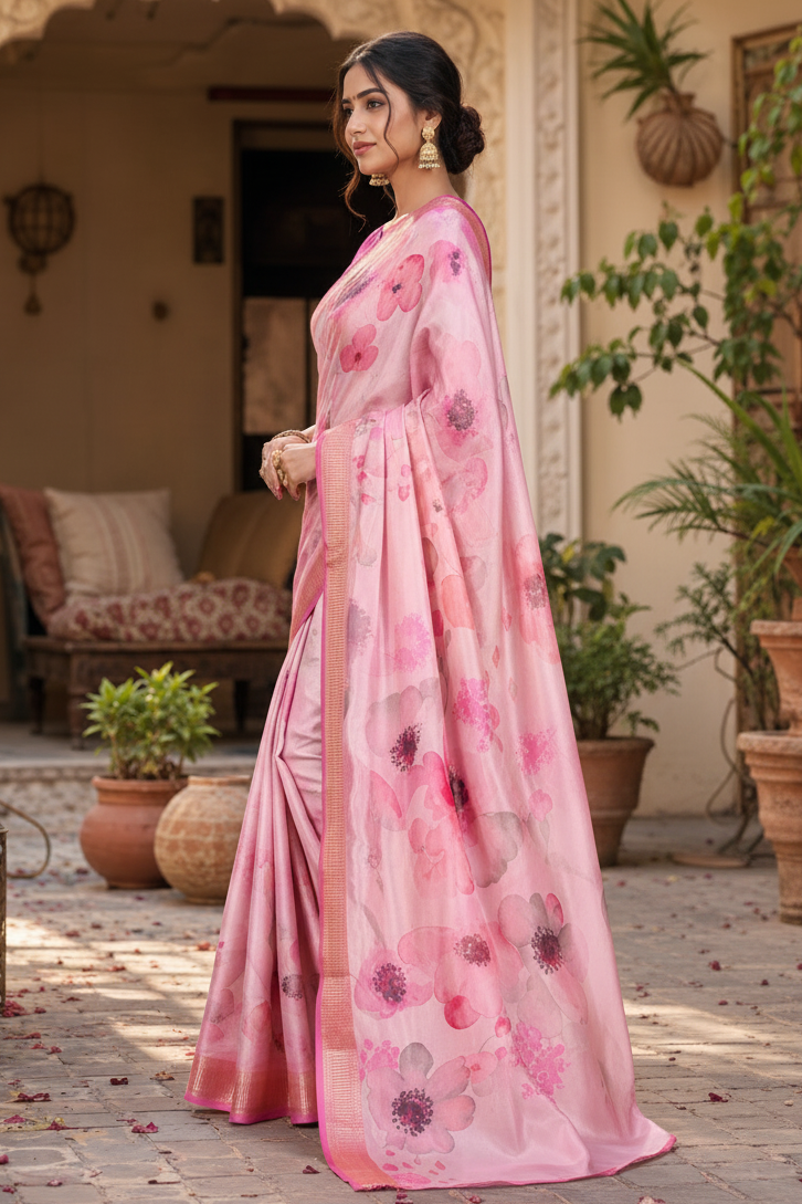 Tussar Silk Floral Printed Saree With Unstitched Blouse(Pink)