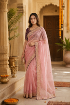 Satin Silk Embroidery Work Saree with Unstitched Blouse(Pink)