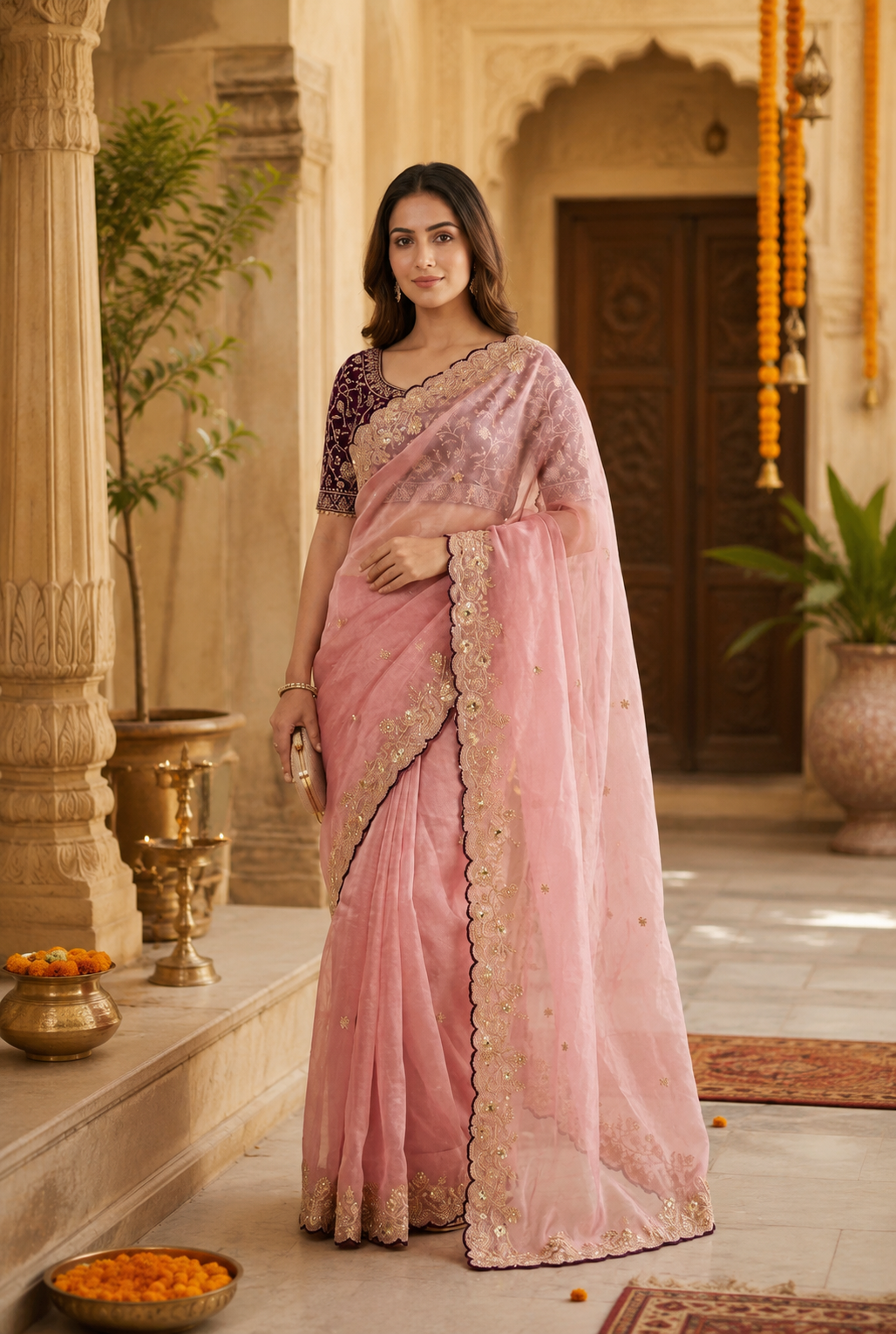 Satin Silk Embroidery Work Saree with Unstitched Blouse(Pink)