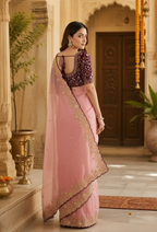 Satin Silk Embroidery Work Saree with Unstitched Blouse(Pink)