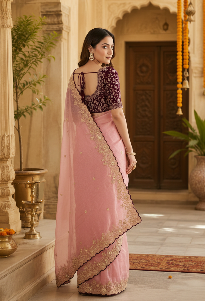 Satin Silk Embroidery Work Saree with Unstitched Blouse(Pink)