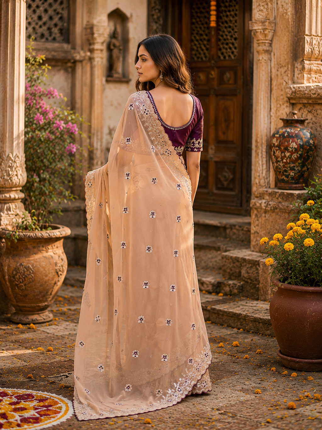 Georgette Embroidery Work Saree with Unstitched Blouse(Peach)