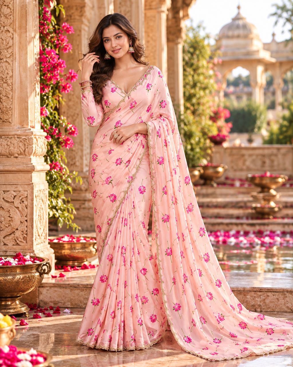 Premium Satin Silk Printed Saree With Unstitched Blouse(Peach)