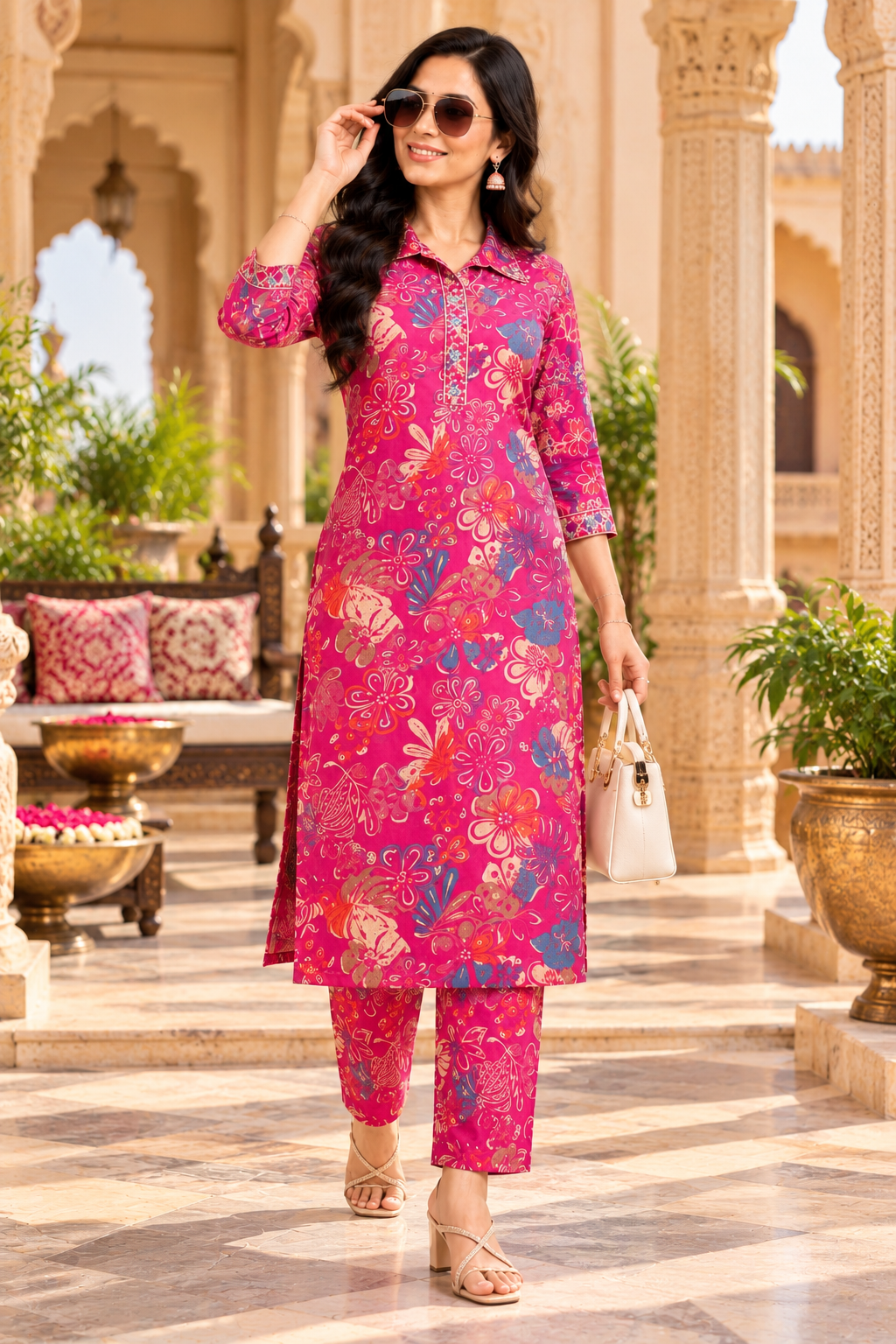 Roman Silk Kurti Pant Set(Pink)