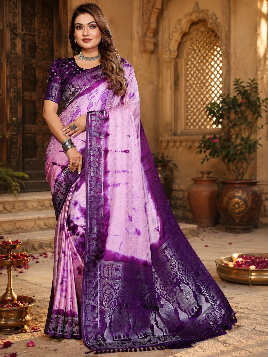 Satin Silk Bandhani Printed Saree With Unstitched Blouse(Purple)