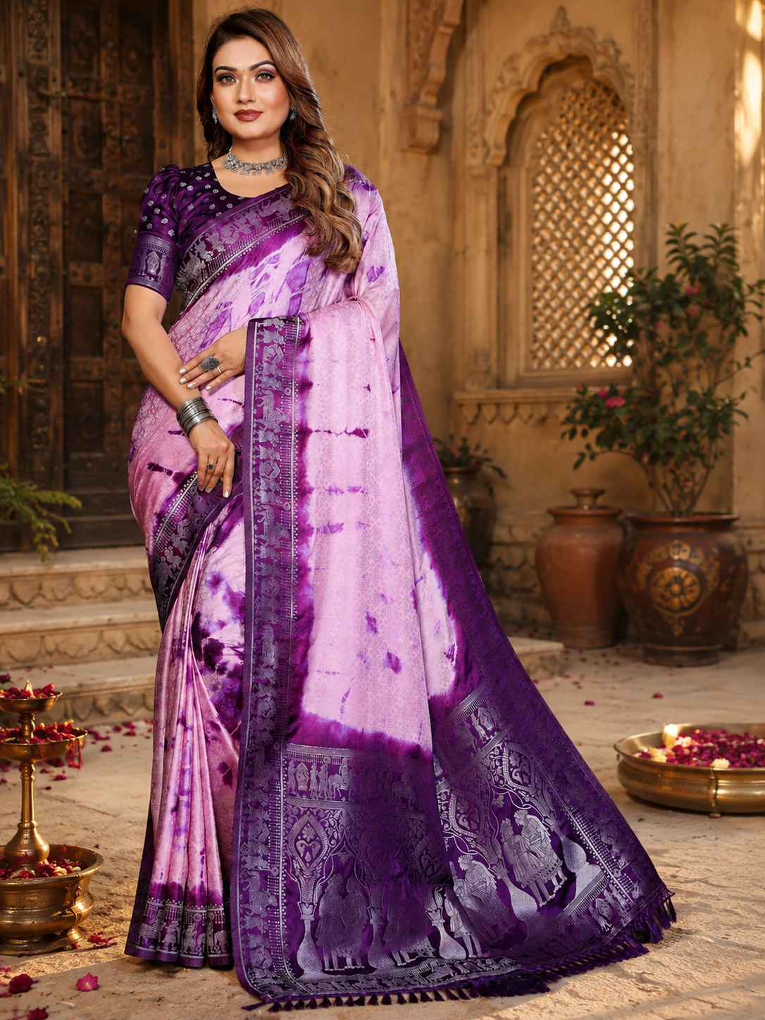 Satin Silk Bandhani Printed Saree With Unstitched Blouse(Purple)