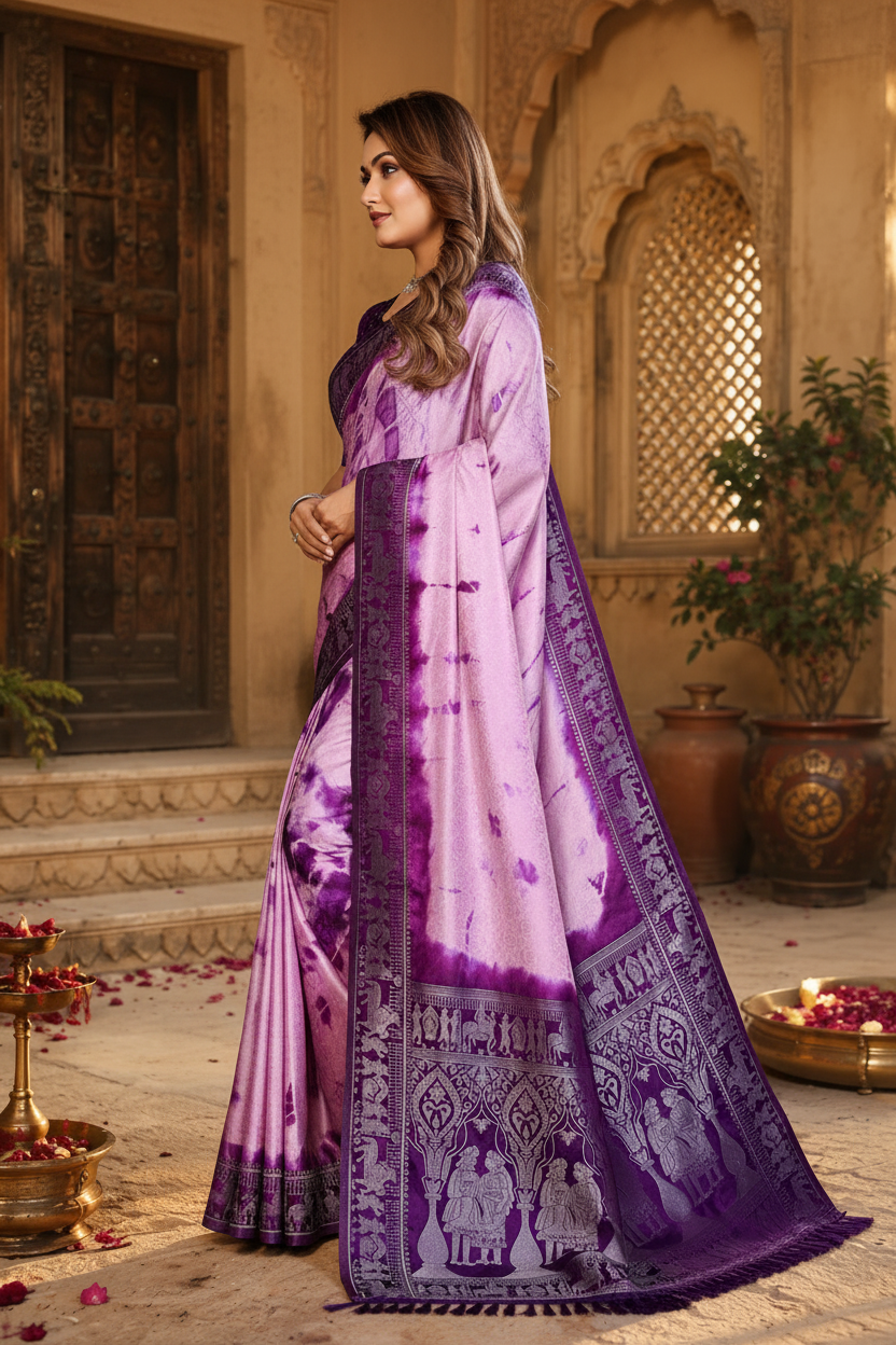 Satin Silk Bandhani Printed Saree With Unstitched Blouse(Purple)