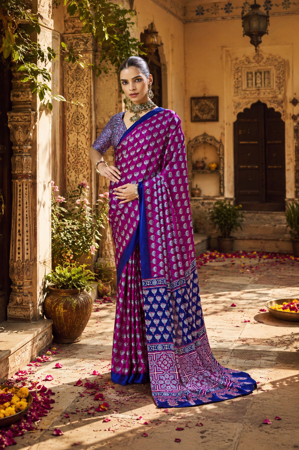 Satin Ajrakh Printed Saree With Unstitched Blouse(Wine)