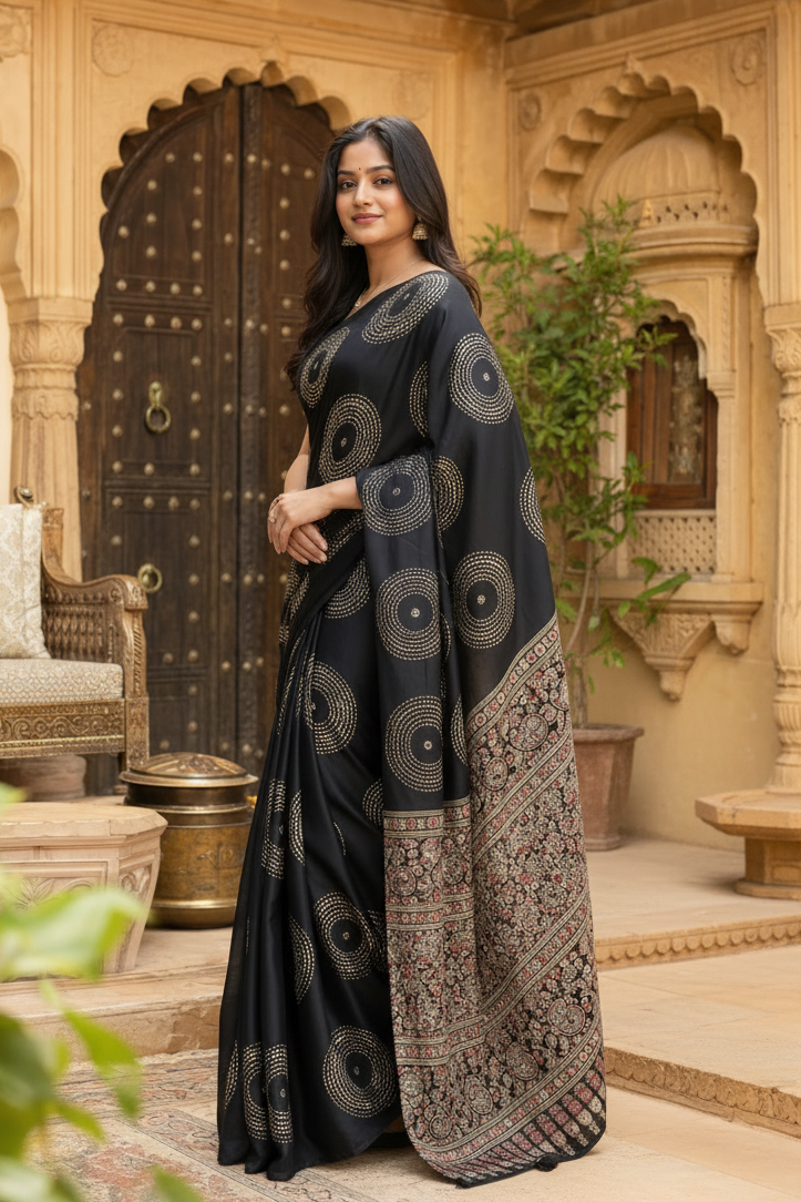 Satin Silk Heavy Mirror Work Saree With Unstitched Blouse (Black)