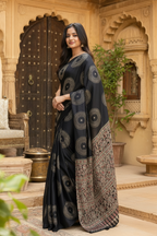 Satin Silk Heavy Mirror Work Saree With Unstitched Blouse (Black)