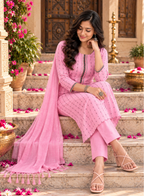 Cotton Kurti Pant Set With Dupatta(Pink)