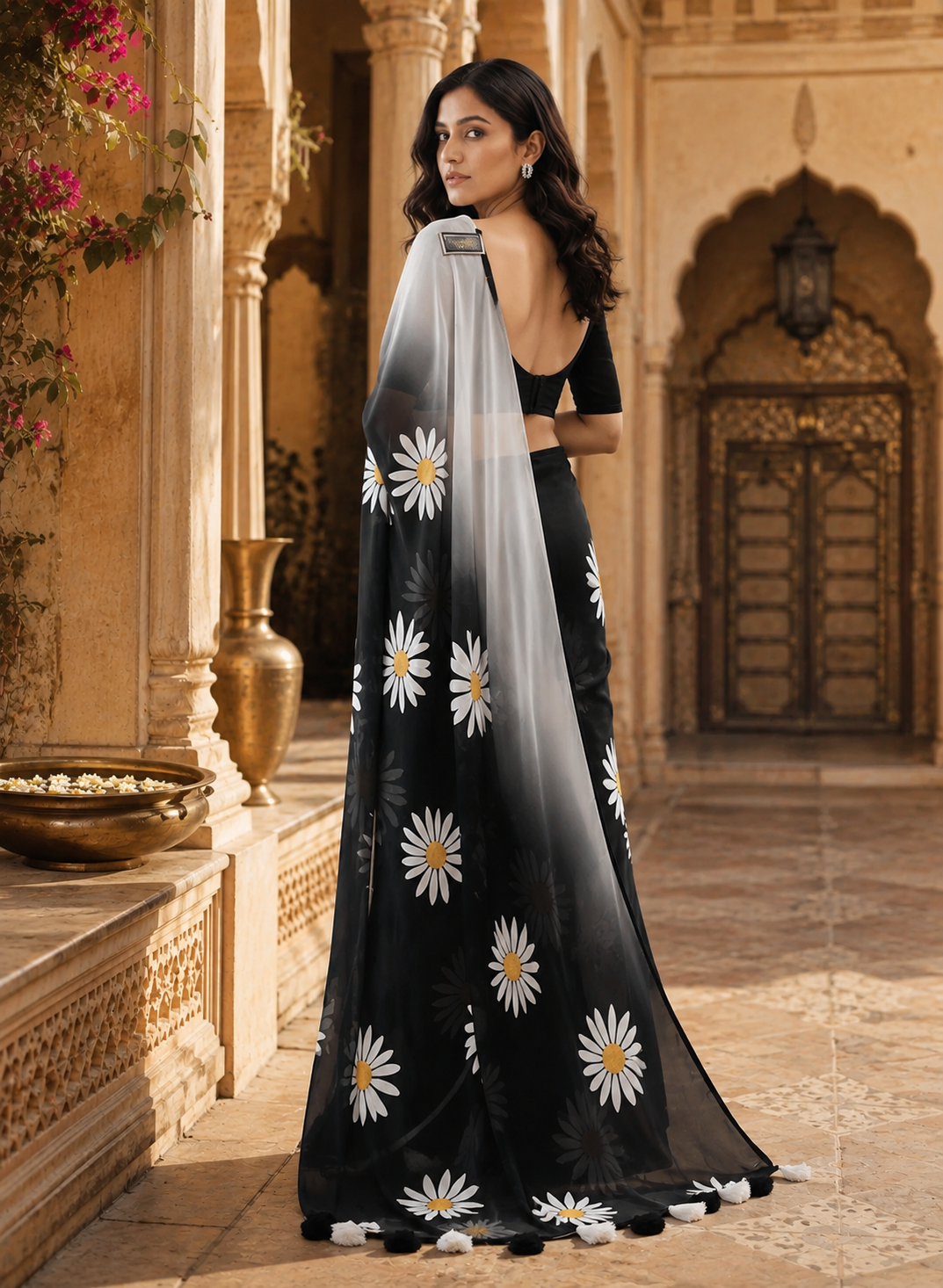 Blooming Georgette Floral Printed Saree With Unstitched Blouse(Black)
