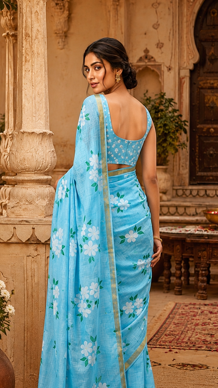 Linen Gold  Digital Printed Saree With Unstitched Blouse(Sky Blue)