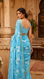 Linen Gold  Digital Printed Saree With Unstitched Blouse(Sky Blue)