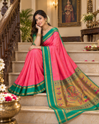 Premium Paithani Katan Silk Butti Saree With Zari Border Unstitched Blouse (Pink)