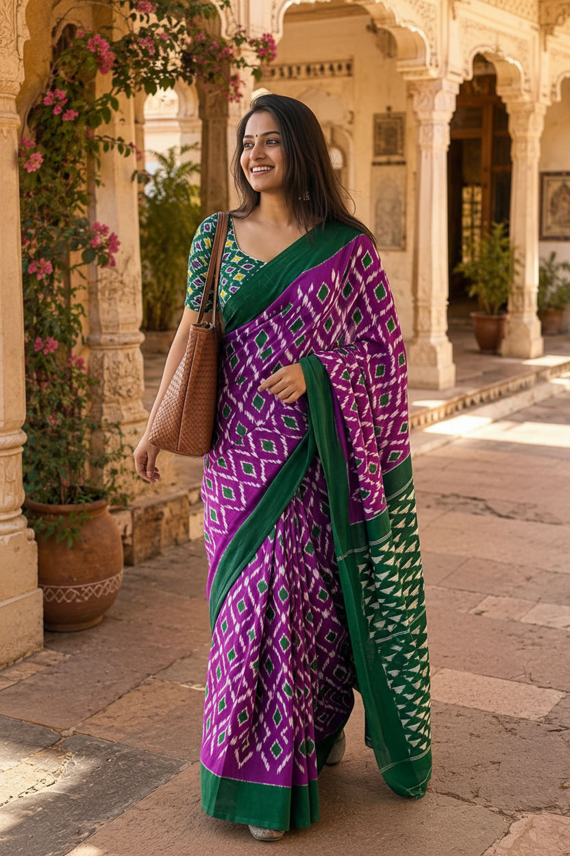 Pure Mulmul Cotton Printed Saree With Unstitched Blouse(Purple)