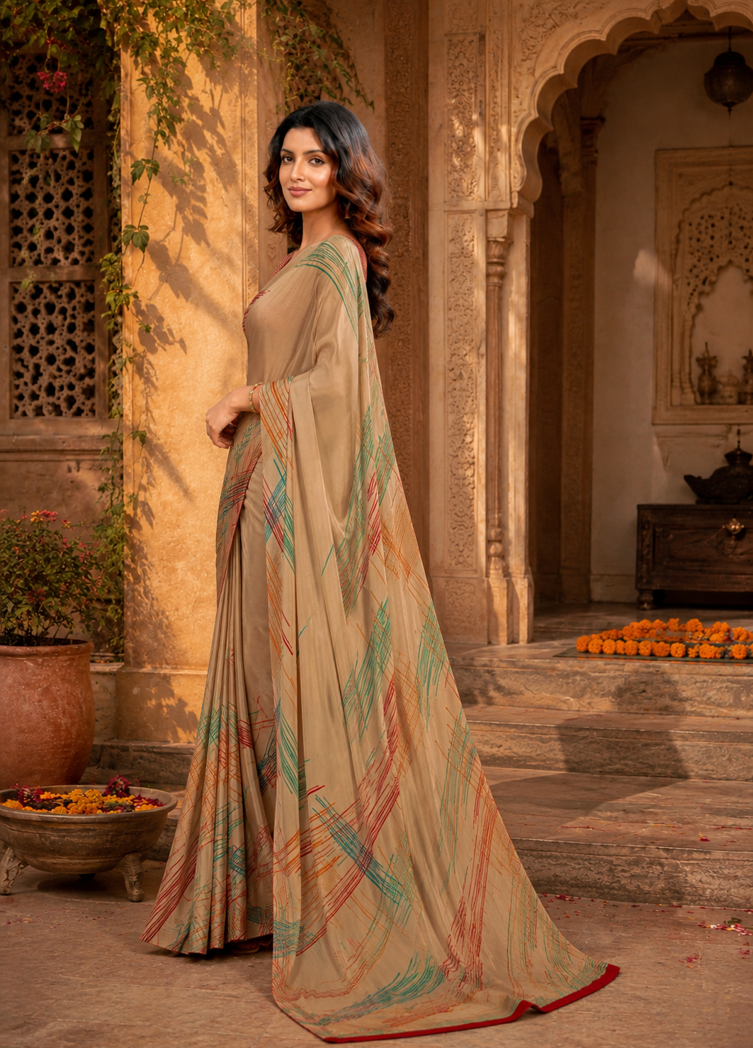 Crepe Silk Party Wear Saree With Unstitched Blouse(Beige)