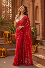 Georgette Heart Printed Saree With Unstitched Blouse(Red)