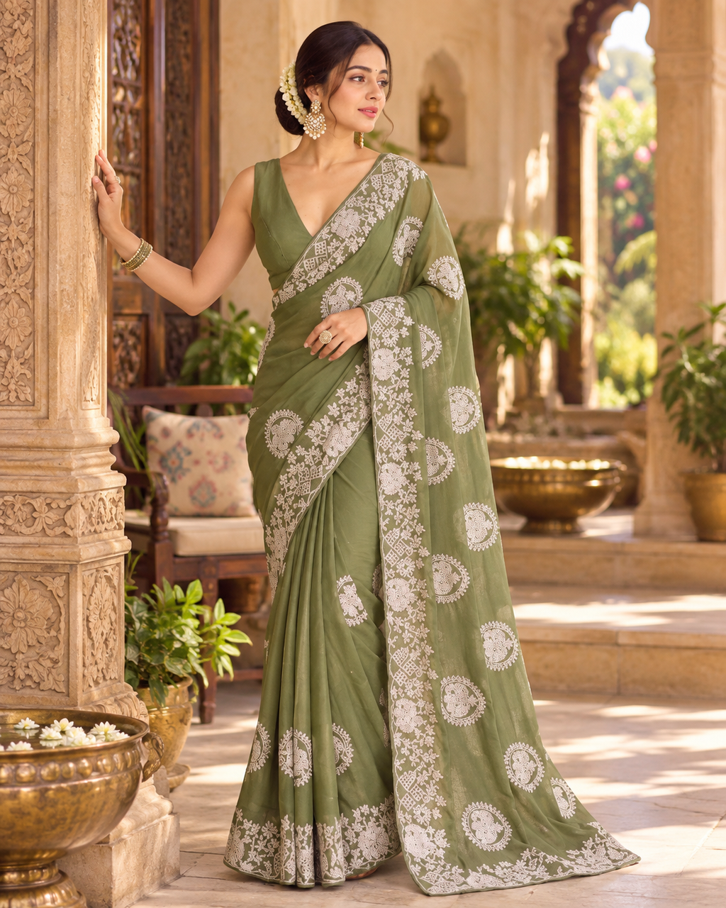 Star Georgette Embroidery Work Saree With Unstitched Blouse(Green)