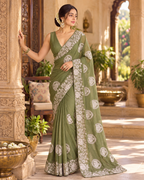Star Georgette Embroidery Work Saree With Unstitched Blouse(Green)