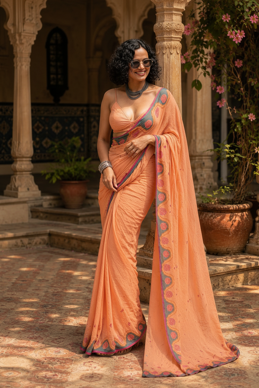 Linen Digital Print Saree With Unstitched Blouse(Orange)