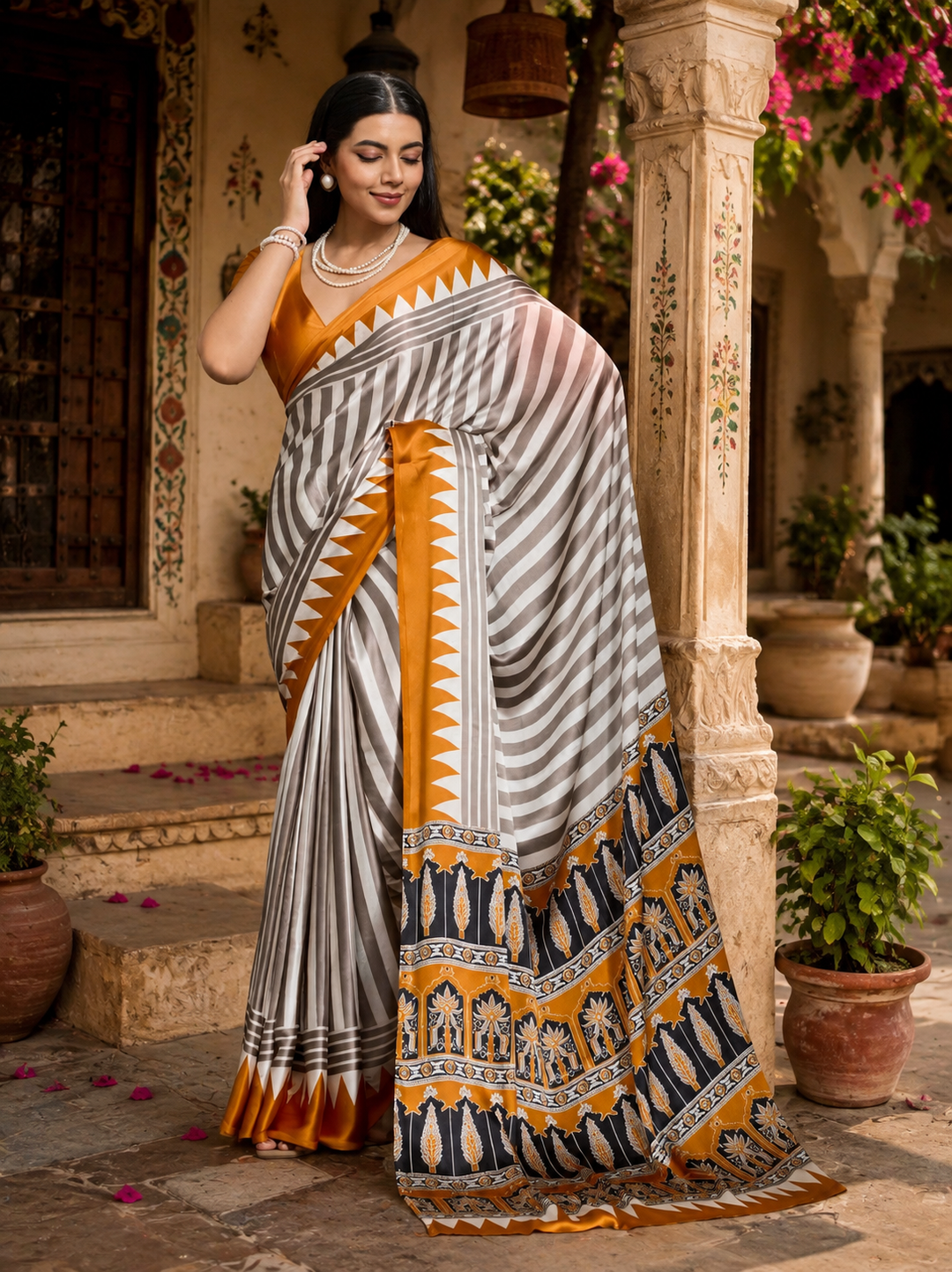 Satin Silk Ajrakh Print Saree With Unstitched Blouse(Yellow)