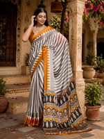 Load image into Gallery viewer, Satin Silk Ajrakh Print Saree With Unstitched Blouse(Yellow)
