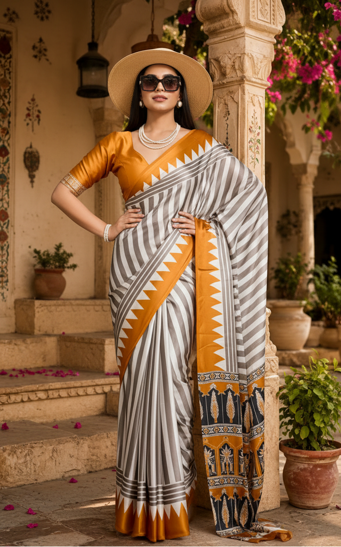 Satin Silk Ajrakh Print Saree With Unstitched Blouse(Yellow)