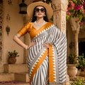Satin Silk Ajrakh Print Saree With Unstitched Blouse(Yellow)