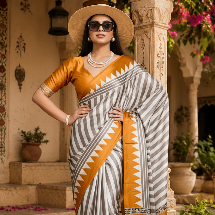 Satin Silk Ajrakh Print Saree With Unstitched Blouse(Yellow)