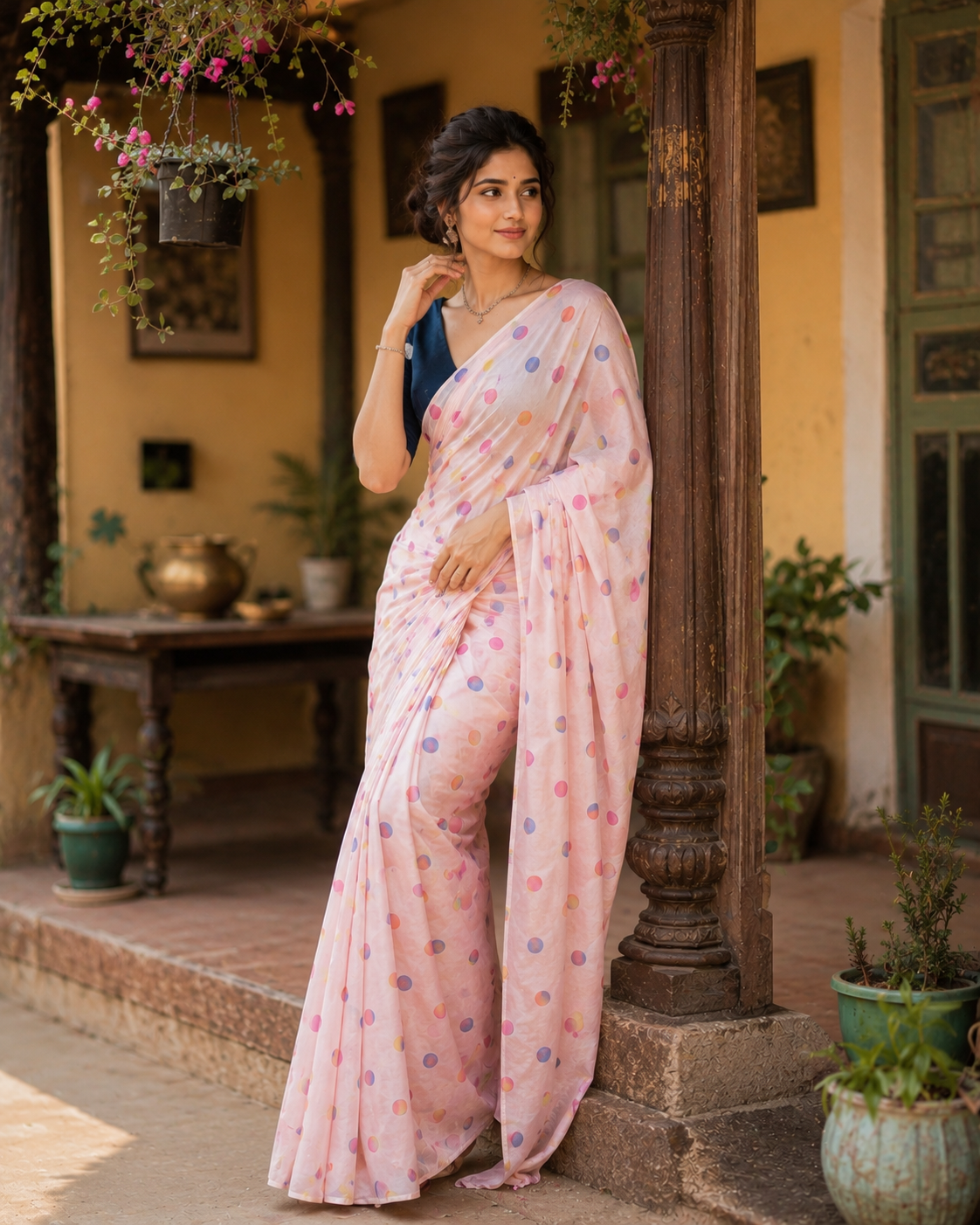 Soft Linen Digital Print Saree With Unstitched Blouse(Pink)