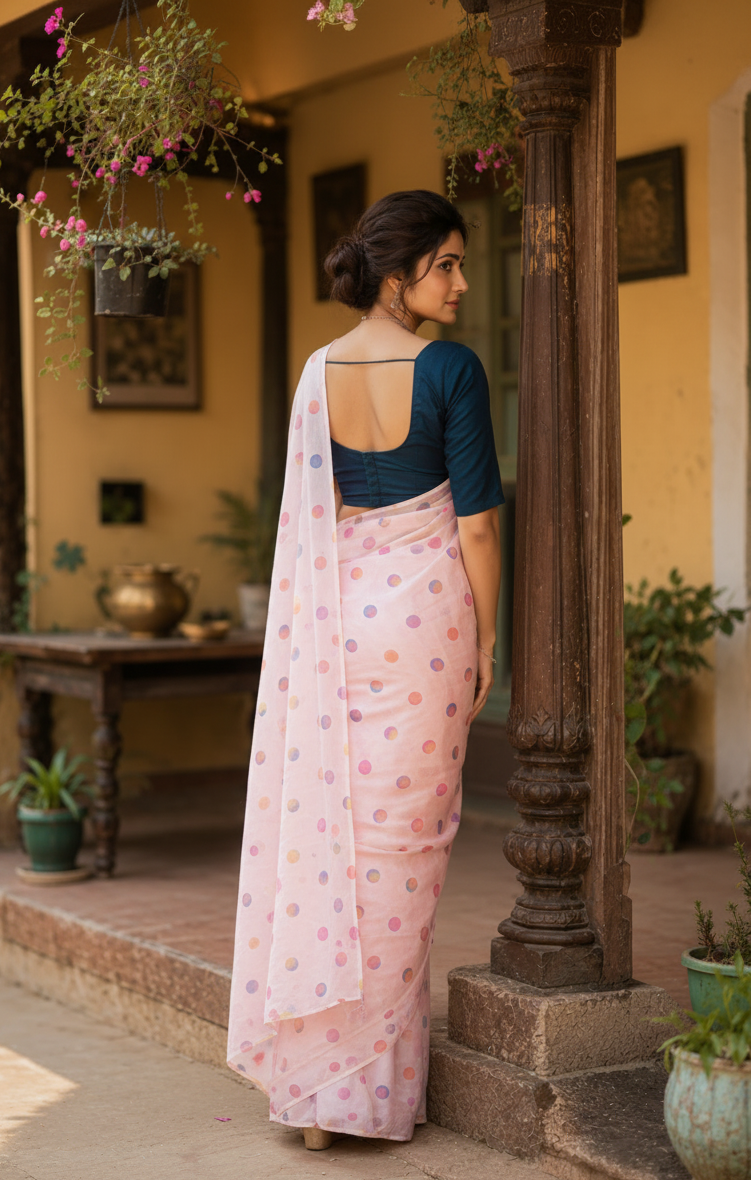 Soft Linen Digital Print Saree With Unstitched Blouse(Pink)