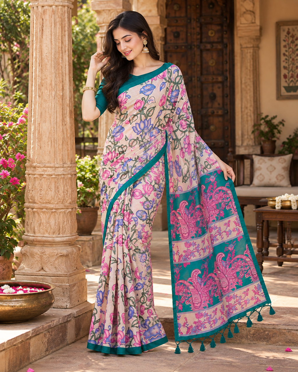 Tussar Silk Kalamkari Printed Saree With Unstitched Blouse(Light Pink)