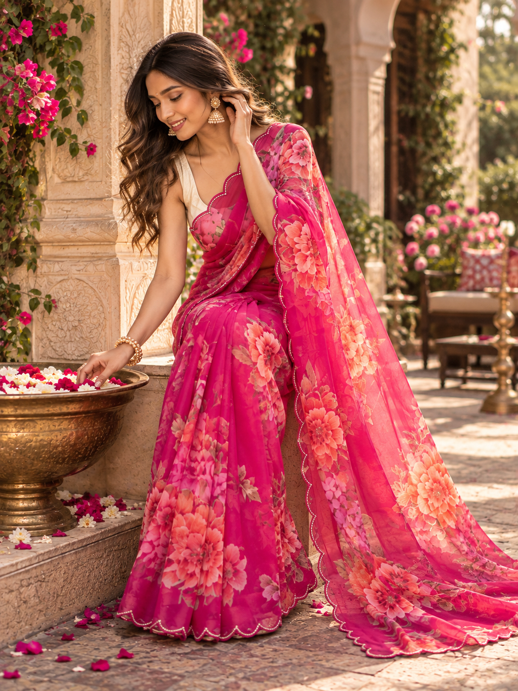 Organza Silk Printed Saree With Unstitched Blouse(Red)