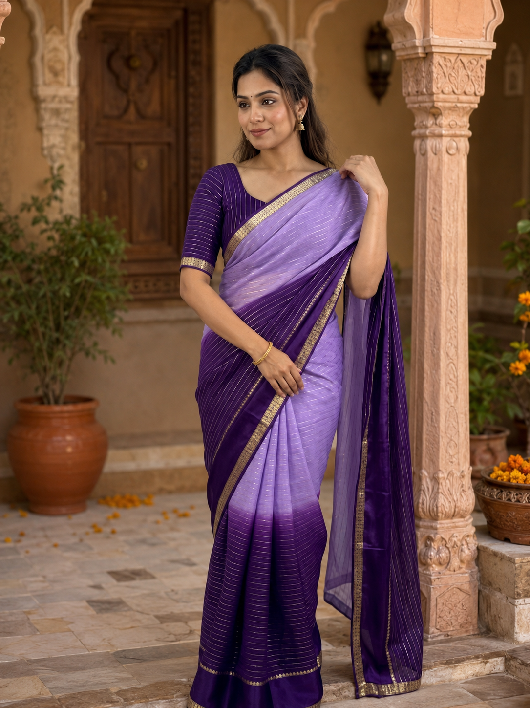 Viscose Georgette Saree With Unstitched Blouse(Purple)