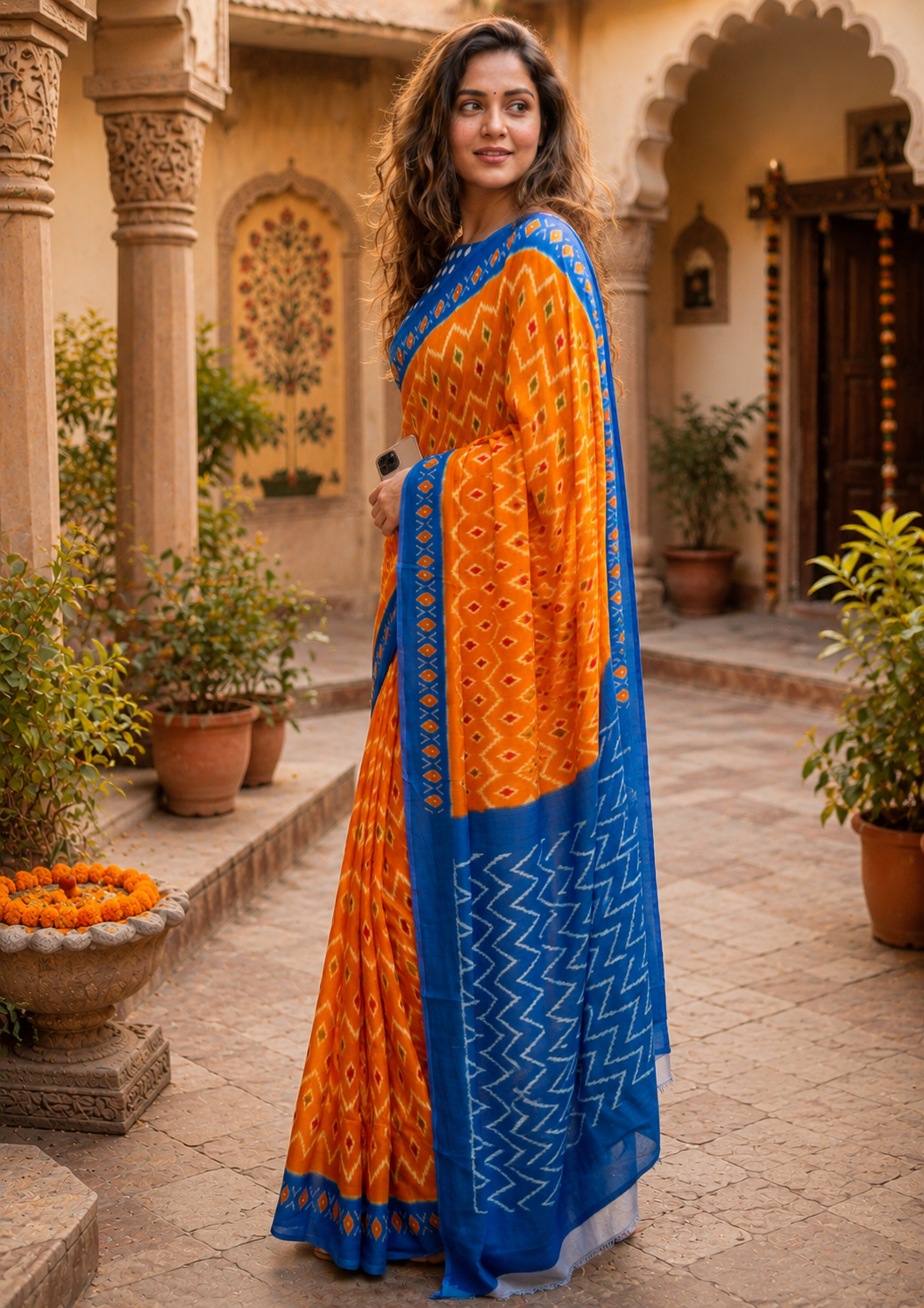 Mulmul Cotton Designer Saree With Unstitched Blouse(Turmeric)