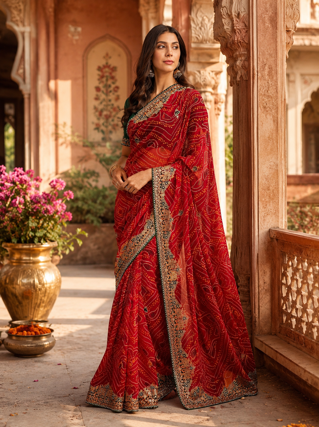 Georgette Embroidery Work Saree With Unstitched Blouse(Red)