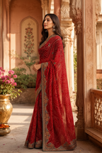 Georgette Embroidery Work Saree With Unstitched Blouse(Red)